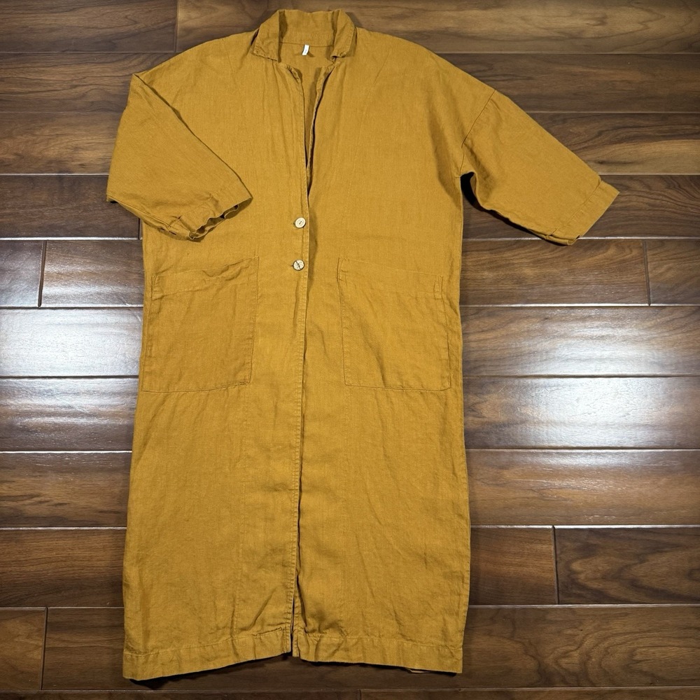 Seaside Tones One Size S / M / L Brown Mustard Linen Long Kimono Coat Jacket‎